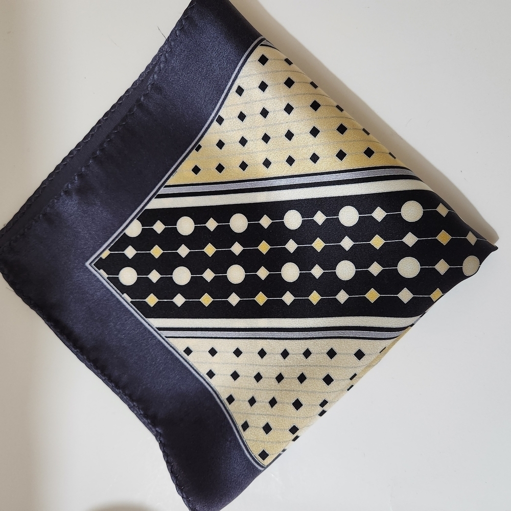 Men’s Pocket Square Geometric Pattern Black Gray Cream Gold Silk Scarf 13” x 13” - Picture 7 of 7